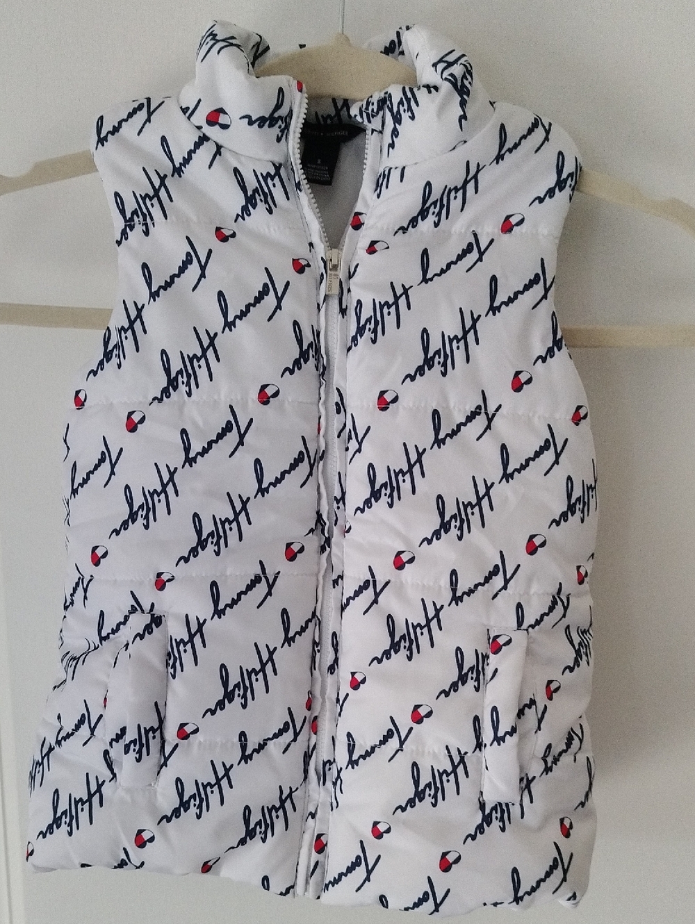 Tommy Hilfiger White Puffer Vest with Navy Script and Red Logo